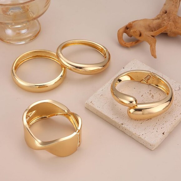 Women Chunky Bangle Bracelets Set Gold Wide Wrist Cuff Jewelry Gift - Picture 6 of 6